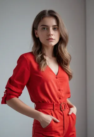 赤いファッションの服の若いヨーロッパの少女は、彼女の机に座って、彼女のラップトップにタイプします。 最新のAI技術によって生成された、挑発的なポーズでスキャンティリー・クラッド・女性のさまざまな画像に囲まれました。 自分の中に侵入する気質にもかかわらず