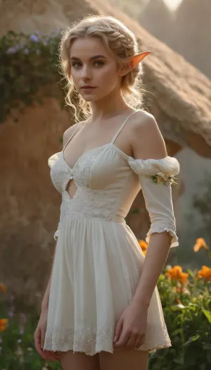The small elf played on the large tuberous flowers in the background, wearing a high angel pose with soft front light. She was surrounded by a group of glow-in-the-dark flowers and text appeared on the screen: "Cuffs