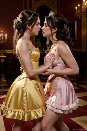2つの美しい姫、プリンセスユリとプリンセスユキ、群衆のボールルームの真ん中に互いにロックされた目。 これらは、シグネチャーティアラを身につけ、お互いに見つけた他の女性の群衆に囲まれていました