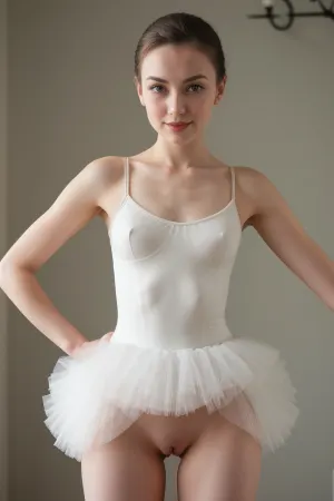 A woman in a white tutu with her hands on her hips, dancing with her hairy pussy exposed to the world, was seen enjoying herself immensely