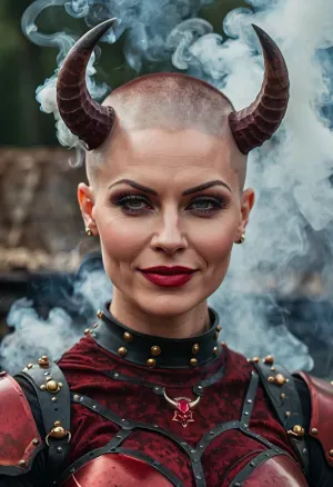 A 40-year-old woman with red demonic hair, slavic features, and perfect skin was captured in 1girl mode with realistic textures and details that made her look like a real person