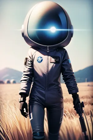 A grey-alien wearing a futuristic space suit and holding a laser gun stands in a wheat field