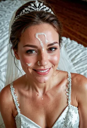 La mujer llevaba un vestido de novia con esperma en la frente, y ella estaba tomando una foto de sí misma con su teléfono. El texto debajo de la imagen lee: "Disfruta de tu porno mientras puedas, porque no durará para siempre