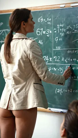 The female university professor was explaining physics formulas on a white-board when one of her students couldn't help but stare at her naked ass. He quickly snapped out of it and tried to focus on the lecture, but his mind kept wandering back to the