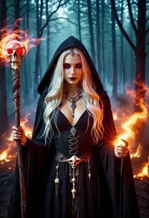 Una joven bruja llama a un demonio en su habitación iluminada, rodeada de libros y grimoires. El aire es grueso con el olor de la magia mientras canta palabras antiguas, convocando a un demonio para cumplir sus deseos oscuros