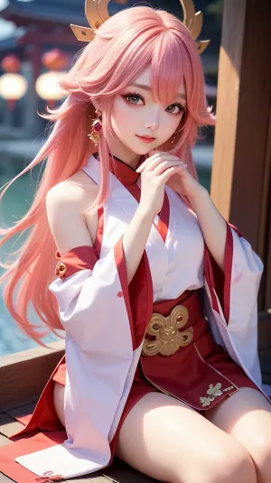 El miko, Yae Miko, estaba vestido con un traje japonés tradicional con una cinta de pelo rosa y mangas separadas. Tenía piel larga, brillante y labios gruesos que eran perfectos para besar. Sus pechos estaban cubiertos por una camisa rosa que mostraba