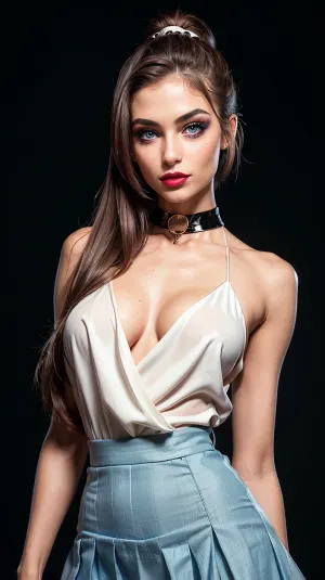 細部の高いイタリアのモデルと写真のフルボディは、皮膚の高さのトップとスカートを身に着けています。 彼女の頬の笑顔とオープンな服は、彼女の青い目、鋭い体、そして完全な口紅を明らかにします
