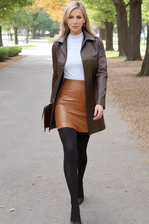 A 40-year-old mature woman strolled alone along the empty park alley, admiring the beautiful sunset in front of her. She wore a sexy outfit consisting of a thin metal turtleneck spandex top, high hipy fitted tits,