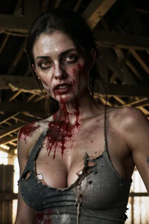 Un impresionante retrato fotorrealista generado por AI de una mujer desnuda con características hiper-realistas, efecto de iluminación cinematográfica y encimera de algodón manchada de sangre que revela sus pechos voluptuosos y abdominales tonificados