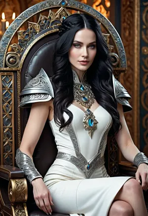 Nel regno di Helheim, una donna con lunghi capelli neri e pelle bianca pallida seduta sul suo trono, ornata in complessa pelle caotica frattale. I suoi occhi erano scuri ed enigmatici, riflettendo la bellezza di Magali Villeneuve