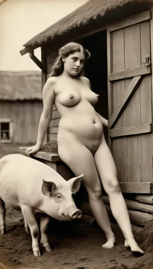 Una mujer, una foto muy vieja, y una pareja de pueblo desnudo hacen el amor en una granja de cerdos. Los cerdos han huido