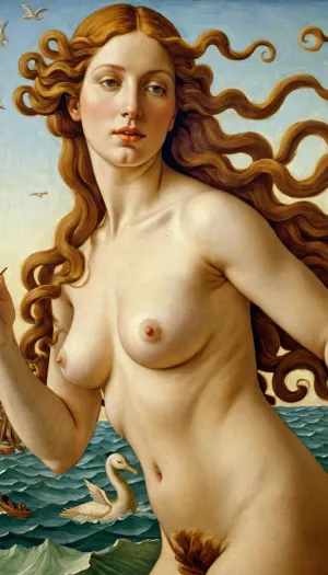 그림에서, 여성은 누드에서 묘사, 아름다운 풍경의 앞에 서. 그녀는 긴 머리카락을 가지고 그녀의 오른쪽 손으로 페인트 브러시를 들고 있습니다. 배경은 세부사항의 고해상과 상세한 elaboration로 그려집니다, 포함하여
