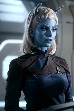 Andorian bimbo starfleet 役員は、Starfleet 制服で服を着て驚くほど美しい女性でした。 彼女の肌は青く、唇は白かったです、そして彼女は大きかったので、大きかったです