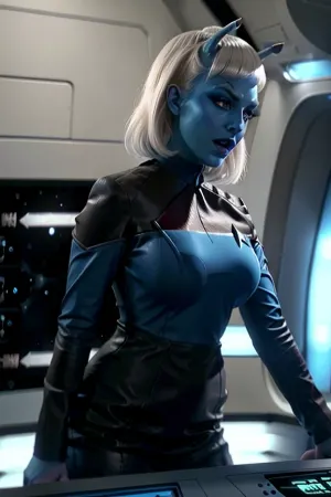 Andorian bimbo slutty 少女 と 巨大 tits と 白 髪 は ハイパー詳細, 8k AI 生成 マスターピース. 青い肌、ふわふわの眉毛、そしてコンボの唇があります。 彼女の青い肌は完全に詳細です