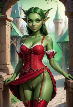 Ein junges Goblin-Mädchen mit viktorianischem Kleid und spitzen Ohren ging durch die dunklen Gassen der Stadt, ihre glatte Haut glitzerte im Mondlicht. Sie hielt an einer Ecke und hob ihr Kleid, um ihre glatte Muschi zu offenbaren, die