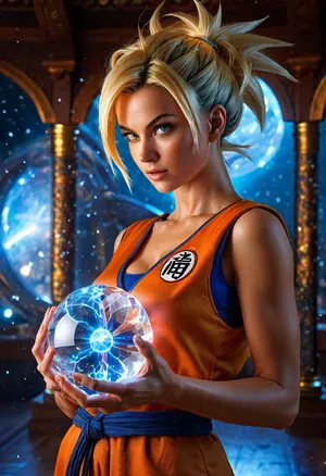 The young girl in the picture is holding an electric energy ball, surrounded by a clear crystal and particles. She wears revealing clothing with extreme detail and clarity, as if she is a 3D Dragon Ball Z character. The text "Award Winning