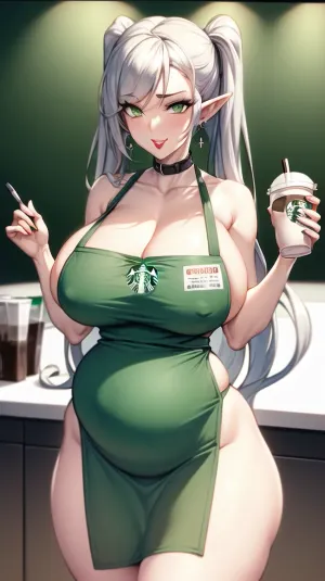 AI出品的色情片品质最佳,配有meme"AIWAIFU"和裸体围裙,身着妆饰,手持一杯咖啡,用宽眼观赏观众. 照片是尖锐的焦点,并且有