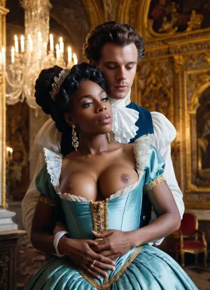 The young woman in the Rococo period was dressed in a black dress with her huge tits exposed, and she was being sucked by a white man wearing a cock out. The man's cock was out of his pants, and it was hanging down