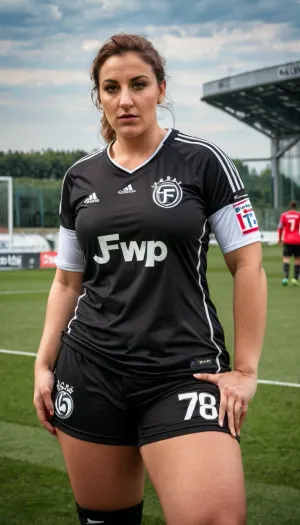 A woman with a big ass, wide hips, and thick legs is seen in a realistic photo wearing a tight Frankfurt jersey with six pack abs. She has big natural breasts that are sagging slightly and she has a g-cup tits. The