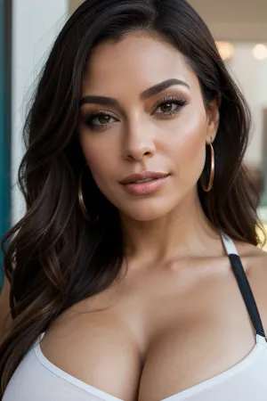 A stunningly beautiful Latina fitness model with high quality photo, 23-year-old Colombian woman with massive breasts and a detailed face, moaning and pleasure face added to the sensuality of the photo