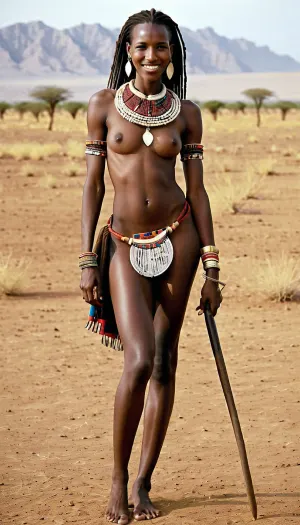 The African Masai tribe boy was adorned with traditional accessories and had a seductive smile on his face as he watched the woman fuck him