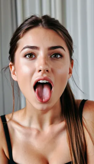 照片中的女人在她20多岁的时候,有一个细小的框,长着深棕色的头发. 她的大眼睛是圆的 棕色的 她的脸颊被擦伤 当她用摄像机看着时