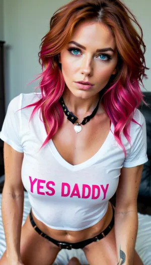 A mulher era um modelo de 25 anos com cabelos longos e olhos azuis. Ela usava uma t-shirt branca com as palavras 'YES DADDY' em strass em seus seios. Seu corpo magro foi perfeito, e