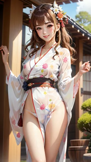 La ragazza ha aggiustato il sash e si è ammirata allo specchio, ammirando il suo kimono. Ha alzato fino a dare un'occhiata più da vicino e ha notato una mutandine bianca che spunta fuori da sotto il suo yukata. Lei giggled e chiesto che cosa