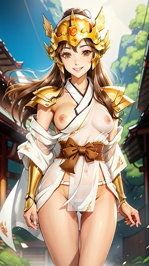 La ragazza con gli occhi marroni e i capelli dorati si trovava davanti all'immagine, il suo kimono sollevandosi per rivelare un insieme di mutandine perfettamente bianche e sash. Sorrise allo spettatore, rivelando un set di denti bianchi perfetti che brillano in