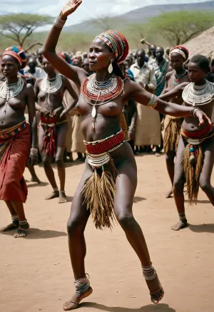 Una riproduzione accurata e ad alta risoluzione del quadro di migliore qualità della donna africana con la sua danza tribale e i vestiti tradizionali