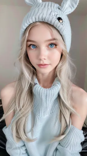 In the room, a young girl with innocent face and thick black eyelashes stood in front of the mirror. She was wearing a blue sweater and had her hair styled in bunny ears. The background was a gradient picture of blue and white, with