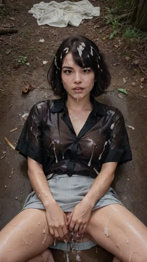 丽莎,一个女人,被一群在她周围昏倒的男人强奸. 她的头发脏兮兮的,全身是精液,她的脸上都沾满了精液. 摄影现实主义AI生成的照片 显示丽莎的裸体身体与精液