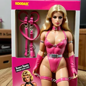 Ce jeu de figure d'action 1987 d'un modèle BDSM est non ouvert et comprend des accessoires tels que des cheveux blonds, des cheveux de longueur moyenne, une tenue de dominatrice rose, des gags, des fouets et des chaînes