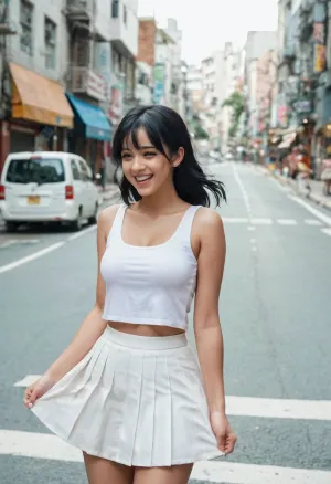 The AI generated picture shows a girl with short hair and a pastel skirt. She is laughing and has two side-parted hair bobbles. The picture is uncensored, so it shows the girl's breasts and her cleavage