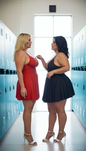 Emily was sitting in the locker room when she heard a loud noise coming from the other side of the door. She looked up and saw two women, both with their shirts unbuttoned, struggling to get dressed. Emily couldn't help but stare at