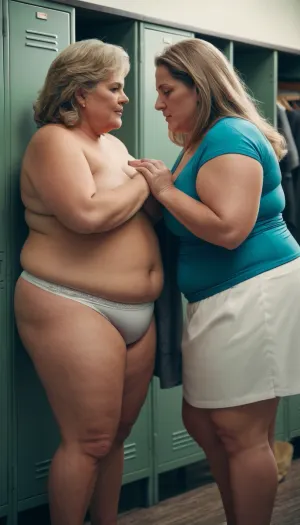 Two elderly women, one in a swimsuit and the other in a sports bra and shorts, assist each other in changing clothes