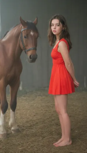 La chica de la granja toma fotos de sí misma con su teléfono, de pie junto a un gran caballo en un granero en una granja