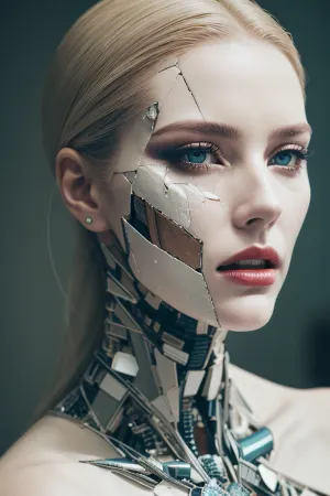 The broken android stood in the corner of the room, her porcelain face shattered and fragile. Her digital art portrait was a beautiful humanoid female with captivating eyes and a close-up of her skull. As I looked closer, I