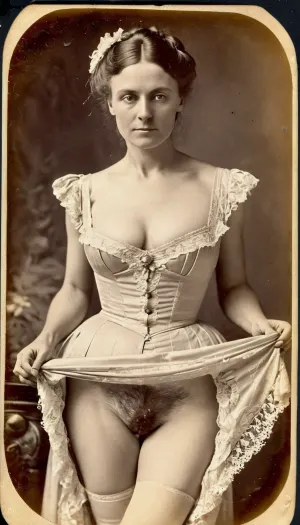예쁜 Victorian 여자는 작은 색의 카메라 앞에 서, 그녀의 스커트 리프팅 아름다운 곡물 사진을 공개하기 위해. 그녀는 카메라에 미소, 그녀의 완벽하고 밝은 눈을 밝혀. 건조한 판은 빛, capturing에 드러냈습니다
