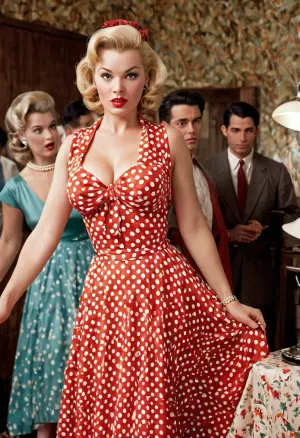 The woman in the picture was a golden blonde with big tits in Kodak 35mm film, bent to the viewer and showing her large clivage