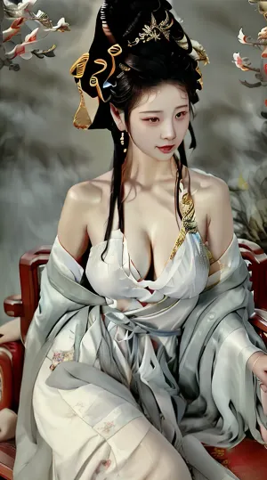 The ultra-realistic AI generated picture shows a woman sitting with her legs crossed, wearing a beautiful and ornate outfit. Her cleavage is fully exposed, showing off her beautiful breasts. Her waist is narrow and her hips are wide, giving the impression