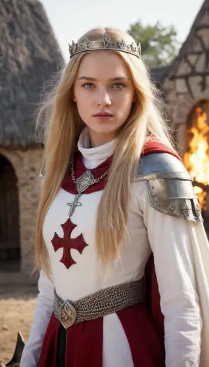 The young girl in templar clothes, with her long blonde hair flowing in the wind, stood before the burning village. Her eyes were grey and determined as she wielded a sword and shield to fight against the invading templars. Despite being outnumber
