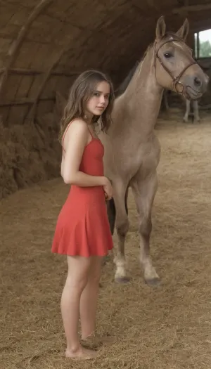 The farm girl lifts her wide ass in the air, showing a plump wide ass in a red summer dress and standing next to a large horse on a farm