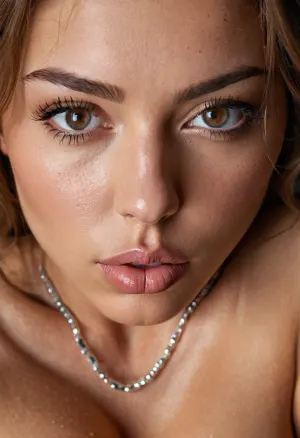 A woman with a perfect body and face, her lips are full and shiny, her eyes are deep and expressive. She has a perfectly shaped nose, big breasts that look soft to the touch, and a vagina that is perfectly shaped. The lighting in