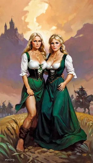 중세 녹색 드레스와 흰색 블라우스에서 peasant 여성은 어린 아들과 함께 분야에서 일했습니다. 그녀는 큰 가슴, 넓은 엉덩이, 그리고 shaggy cunt을했다. Boris Vallejo의 걸작은 현지에서 전시되었습니다