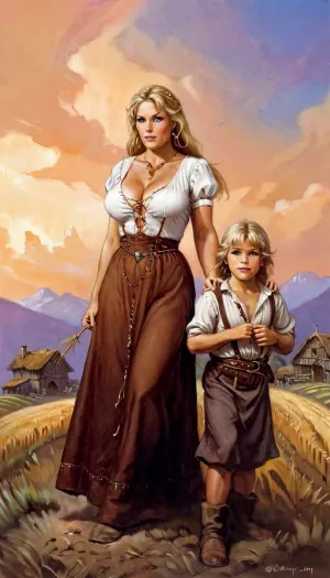 La campesina con un vestido marrón medieval, corsage, blusa blanca, escote, pelo rubio y pechos enormes trabajaba en el campo con su pequeño hijo. Llevaba una hoz y cuchillas de trigo en la espalda. Boris Valle