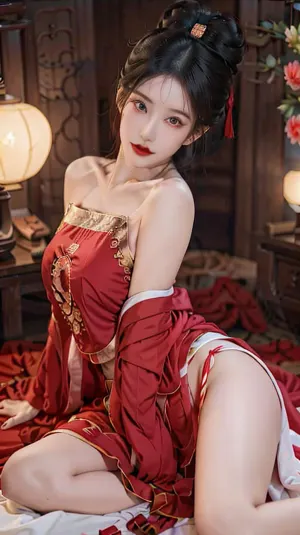 The girl in red daji, wearing a one-piece cloth with a Chinese style backless dress, posed seductively for the photo shoot. Her beautiful face and slim body were on full display as she posed in front of the camera. The