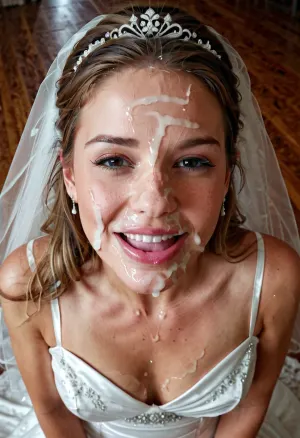 La mujer en la foto llevaba un vestido de novia con esperma goteando de su boca, y ella sostenía una imagen de ella misma usando nada más que un velo de bodas y esperma goteando de su boca