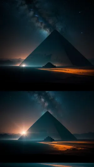The woman stands in front of a pyramid with a panoramic view of the stars and nebulae. She is surrounded by black stone, rising from the dead plain of black sand and the est details. The dead plain has been standing here for millions