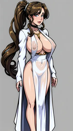 Une femme avec longue haute coiffure queue de cheval, gros seins, entièrement nu, porter torsadé l'éclat et collier d'or, robes blanches transparents transparents, boucles d'oreilles vue du corps complet, super réaliste chaussures ultra réalistes et grands yeux bleus